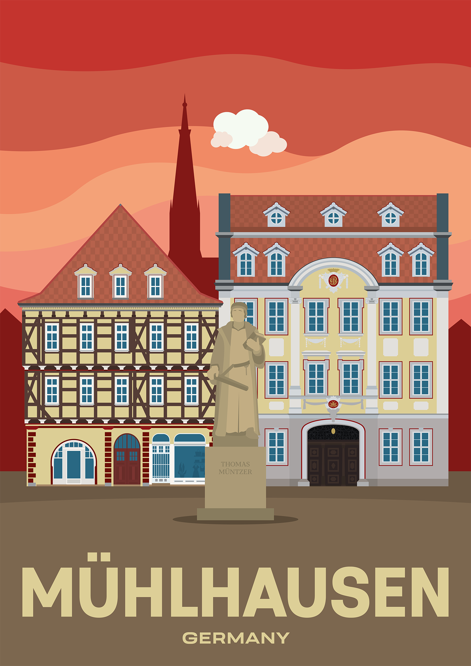 Mühlhausen Das Denkmal für Thomas Müntzer vor historischen Gebäuden am Untermarkt der Stadt Mühlhausen in Thüringen, Deutschland.
