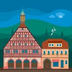 The historic town hall in the Half-timbered town of Ebern in Bavaria, Germany.