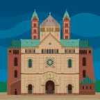 A modern illustrated travel poster showing the Imperial Cathedral of Speyer, a UNSECO World Heritage Site in Speyer, Germany.