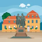 Die Statue von Goethe und Schiller vor dem Wittumspalais in Weimar, Deutschland.