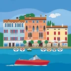 Ein kleines Motorboot im Hafen von Desenzano am Gardasee in Italien.