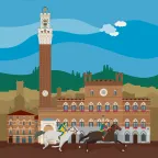 Two riders at the Palio in front of the historic Palazzo Pubblico in Siena, Italy.