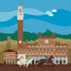 Zwei Reiter des Palio vor dem historischen Palazzo Pubblico in Siena, Italien.