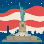 La Statue de la Liberté devant la silhouette de New York aux États-Unis.