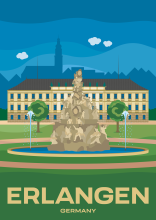 The Hugenottenbrunnen in front of Schloss Erlangen in Bavaria, Germany.