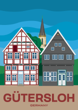 A historic timber-framed building and a historic slate building at the Alte Kirchplatz in Gütersloh, Germany.