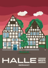 Two beautiful timber-framed buildings at the Haller Herz in Halle (Westfalen), Germany.