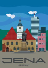 The statue of John Frederick I and the historic town hall at the market square. In the background the Jentower in the town of Jena, Germany.