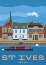 A narrowboat on the River Great Ouse at the riverside in St Ives, Cambridgeshire.