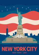 The Statue of Liberty in front of the silhouette of New York City in the US.