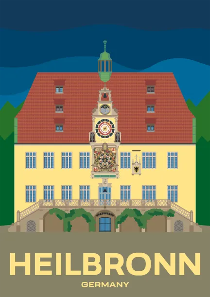 Das Rathaus von Heilbronn mit der astronomischen Uhr in Baden-Württemberg, Deutschland.