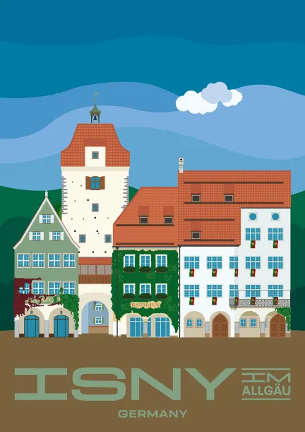 The town hall of Isny and, in the background, the Espantor (Espan gate) in Baden-Württemberg, Germany.