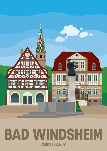 The fountain and historic buildings on Kornmarkt in the bavarian town of Bad Windsheim, Germany.