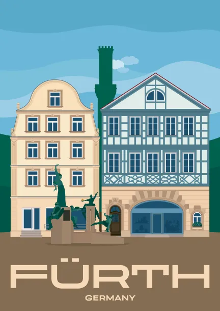 The Gauklerbrunnen (Jugglers fountain) in front of historic buildings on the Grüner Markt in Fürth, Germany.