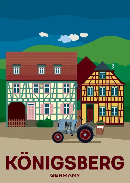 Ein Traktor vor zwei tollen Fachwerkhäusern im historischen Königsberg in Bayern, Deutschland.