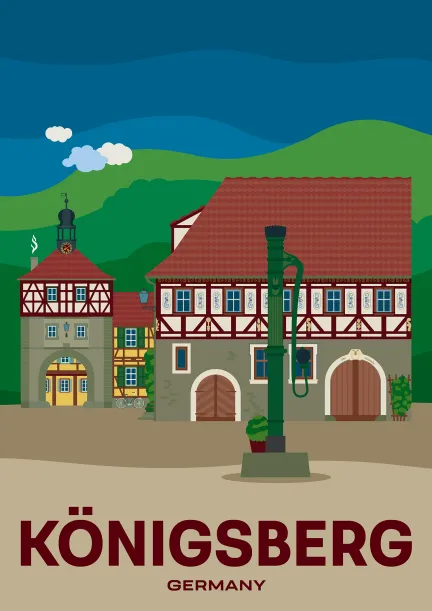The Alte Schmiede (Old Smithy) and the Haßfurter Tor (Gate to Hassfurt) in historic Königsberg in Bavaria, Germany.