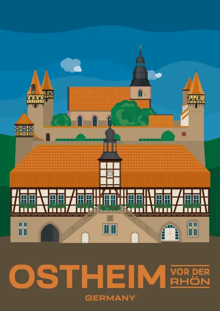 Das Rathaus vor der größten Kirchenburg in Deutschland in Ostheim vor der Rhön, Deutschland.