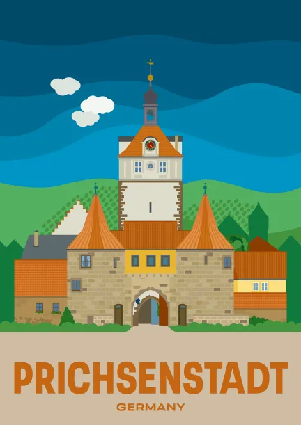 The town wall with the Westtor (western gate) and in the background the Stadtturm (town tower) of Prichsenstadt in Bavaria, Germany.