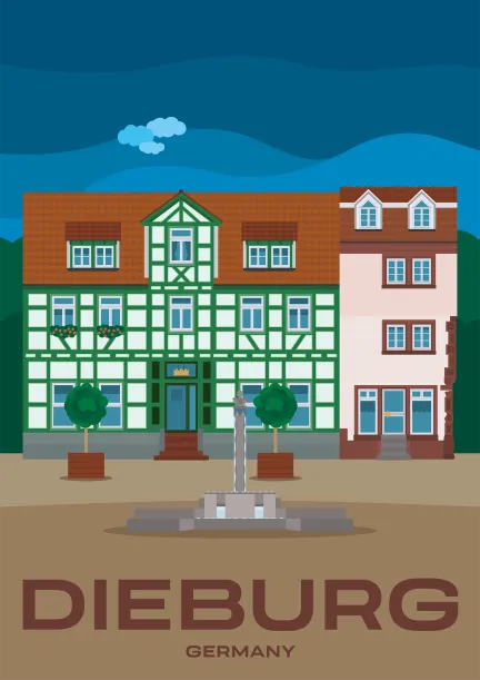 The fountain and the towns oldest timber-framed building at the market square of Dieburg in Hesse, Germany.