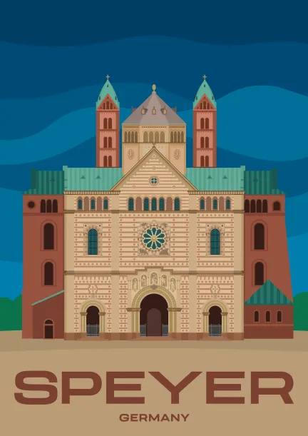 A modern illustrated travel poster showing the Imperial Cathedral of Speyer, a UNSECO World Heritage Site in Speyer, Germany.