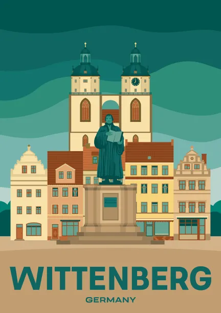 The statue of Martin Luther in front of the Stadtkirche (Town and Parish Church of St. Mary's) in Wittenberg, Germany.