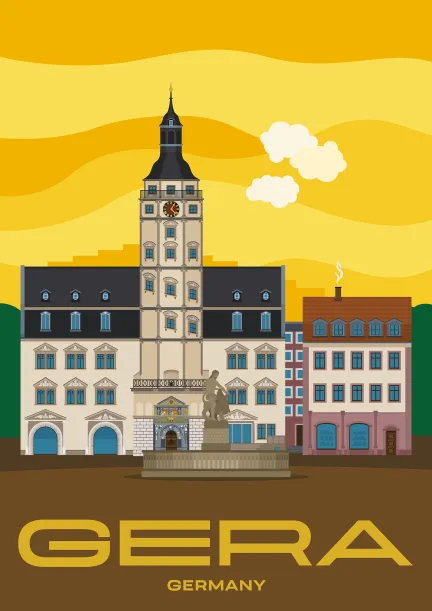 The market place of Gera with the town hall and the Simsonbrunnen in Thuringia, Germany.