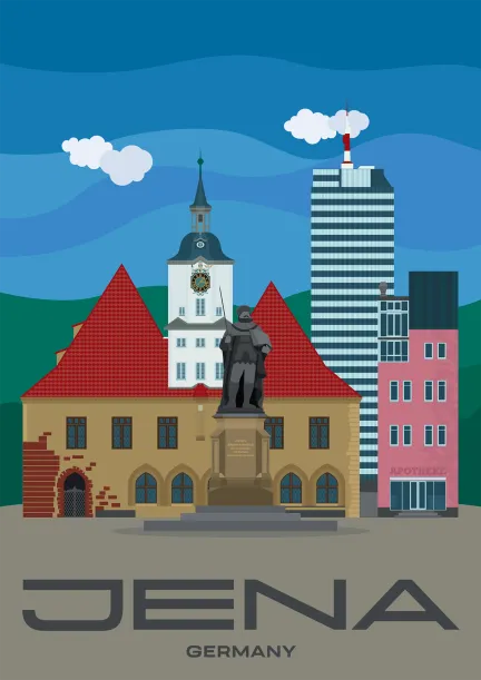 The statue of John Frederick I and the historic town hall at the market square. In the background the Jentower in the town of Jena, Germany.