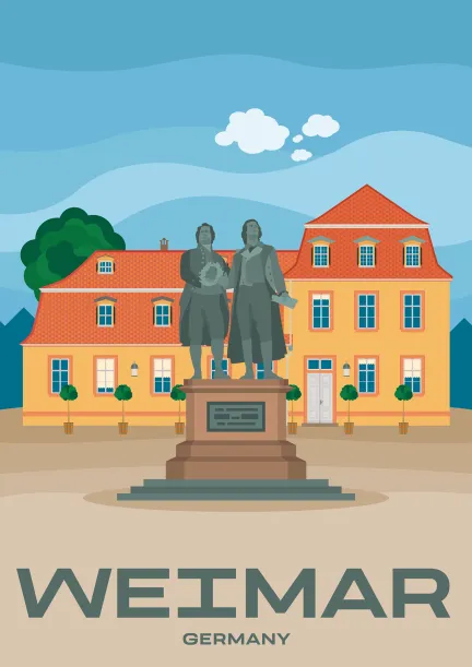 La statue de Goethe et Schiller devant le palais de la douairière (Wittumspalais) à Weimar, en Allemagne.