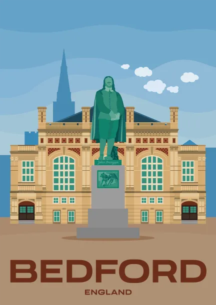 The statue of John Bunyan in front of the Corn Exchange in Bedford, England.