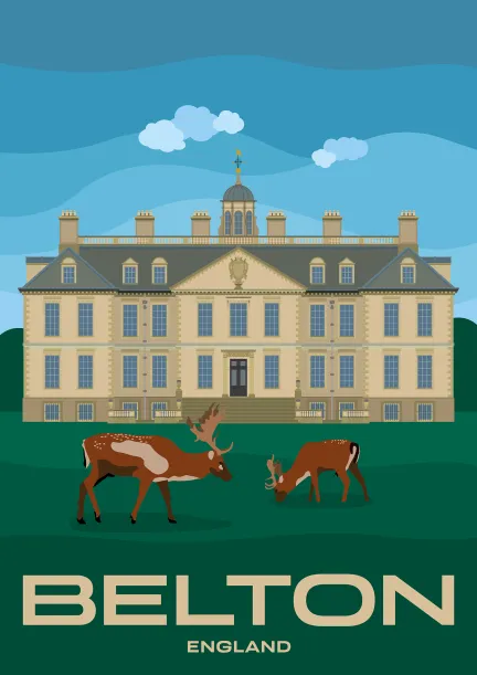 Eine Gruppe von Hirschen vor dem Belton House in der Stadt Belton in Lincolnshire, Vereinigtes Königreich.