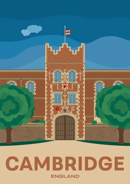 The College gatehouse of Jesus College in Cambridge, England.