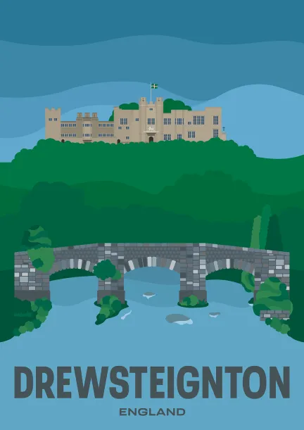 Castle Drogo towering over Fingle Bridge near the town of Drewsteignton in West Devon, England.