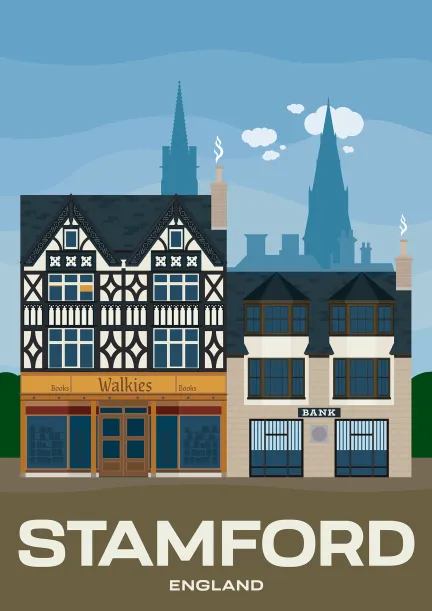 Zwei schöne historische Gebäude mit Schaufensterfronten in der High Street von Stamford in Lincolshire, England.