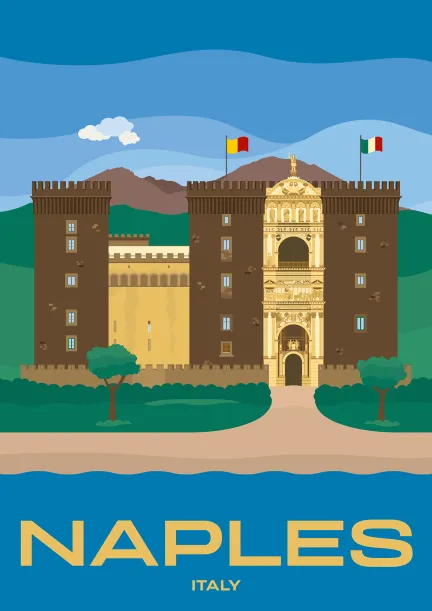 Le Castel Nuovo médiéval avec le Vésuve en arrière-plan à Naples, en Italie.