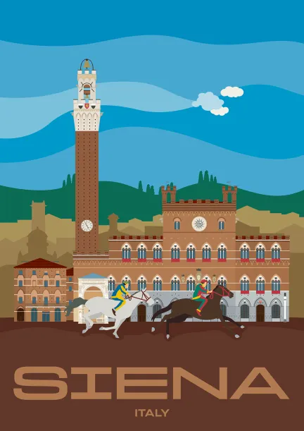 Zwei Reiter des Palio vor dem historischen Palazzo Pubblico in Siena, Italien.