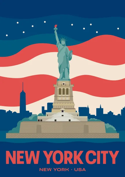 Die Freiheitsstatue vor der Silhouette von New York City in den Vereinigten Staaten.
