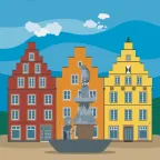 Der Bürgerbrunnen vor einer Reihe schöner Gebäude am Marktplatz in Osnabrück, Deutschland.