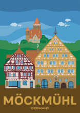 Castle Möckmühl towering over the old town of Möckmühl with the beautiful timber-framded town hall.