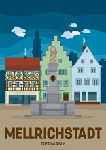 The fountain Prinzregent-Luitpold-Brunnen in front of pretty buidlings in Mellrichstadt, Germany.