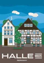 A beautiful timber-framed building next to the Landwehr-Haus at the Haller Herz in Halle (Westfalen), Germany.