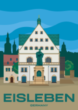 The statue of Martin Luther in front of the townl hall of Eisleben in Saxony-Anhalt, Germany.