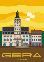 The market place of Gera with the town hall and the Simsonbrunnen in Thuringia, Germany.