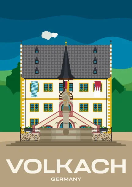 The town hall and market square of the wine town Volkach in Bavaria, Germany.