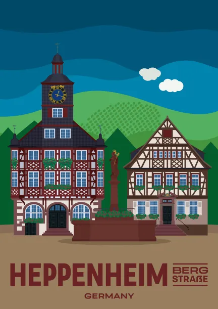 Das alte Rathaus und der „Goldene Engel“ auf dem Marktplatz von Heppenheim in Hessen, Deutschland.