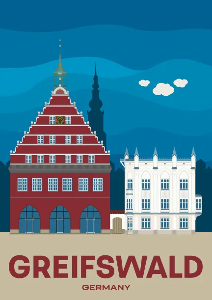 Das Rathaus auf dem zentralen Marktplatz von Greifswald in Mecklenburg-Vorpommern, Deutschland.