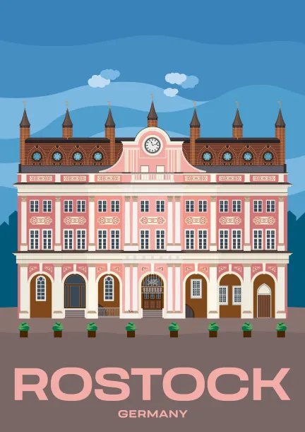 The city hall of Rostock, a mix of Baroque and Brick Gothic architecture, in Mecklenburg-Western Pomerania, Germany.
