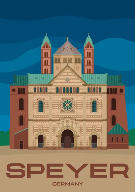 A modern illustrated travel poster showing the Imperial Cathedral of Speyer, a UNSECO World Heritage Site in Speyer, Germany.