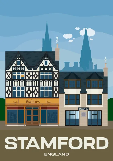 Deux beaux bâtiments historiques avec des façades de magasins sur la High Street de Stamford dans le Lincolshire, en Angleterre.