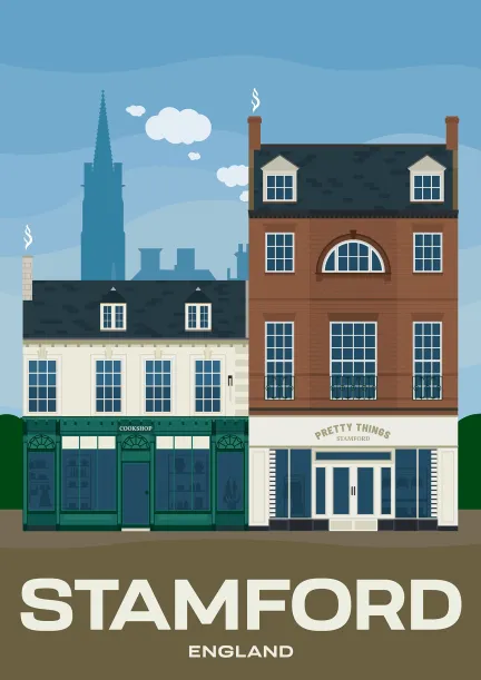 Two beautiful historic buildings with storefronts on the High Street of Stamford in Lincolshire, England.