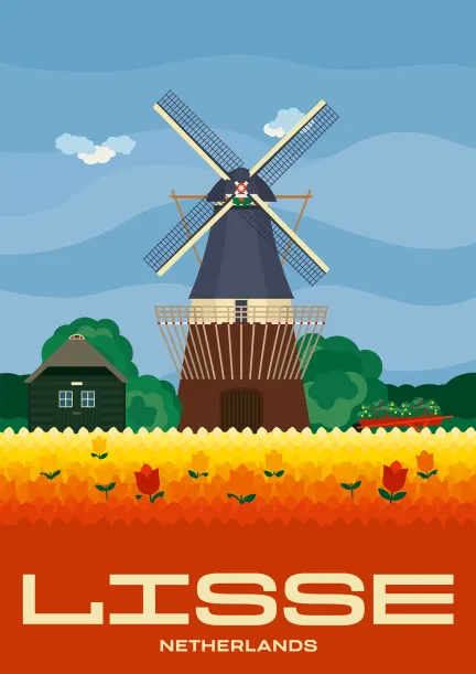 Die Windmühle im Keukenhof, einem der größten Blumengärten der Welt, in Lisse, Niederlande.